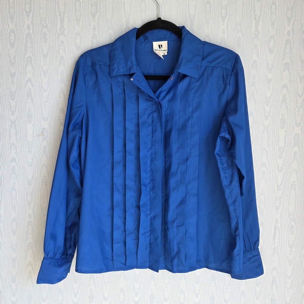 Vtg 90s David Benjamin Women's M Button Up Blouse Pleated Royal Blue‎ Career